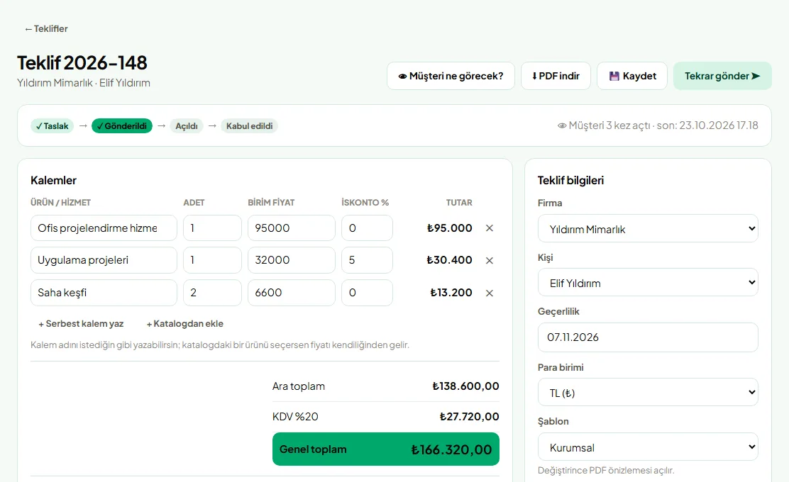 Yaply Teklif hazırlama ekranı
